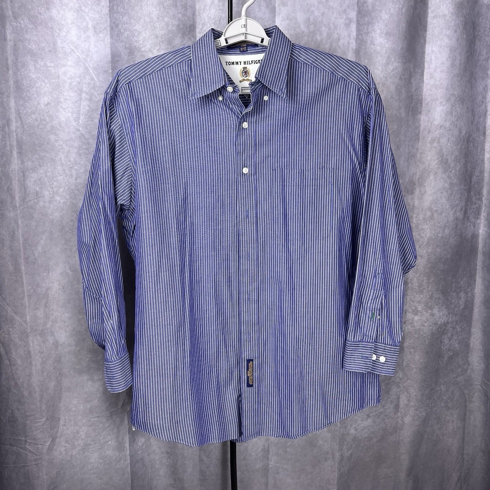 Tommy Hilfiger Men's Dress Shirt 16-32/33 Blue (Purple-ish) White Stripe Preppy